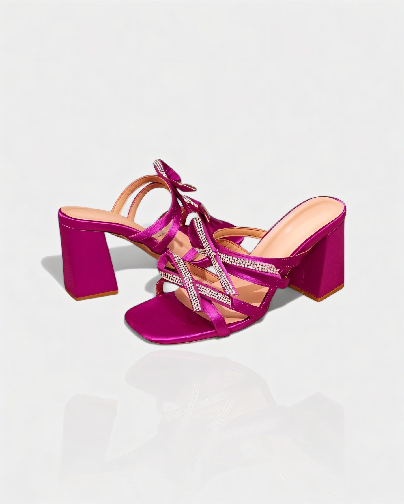 MICHIKO Strappy Rhinestone Bow Block Heel Sandals