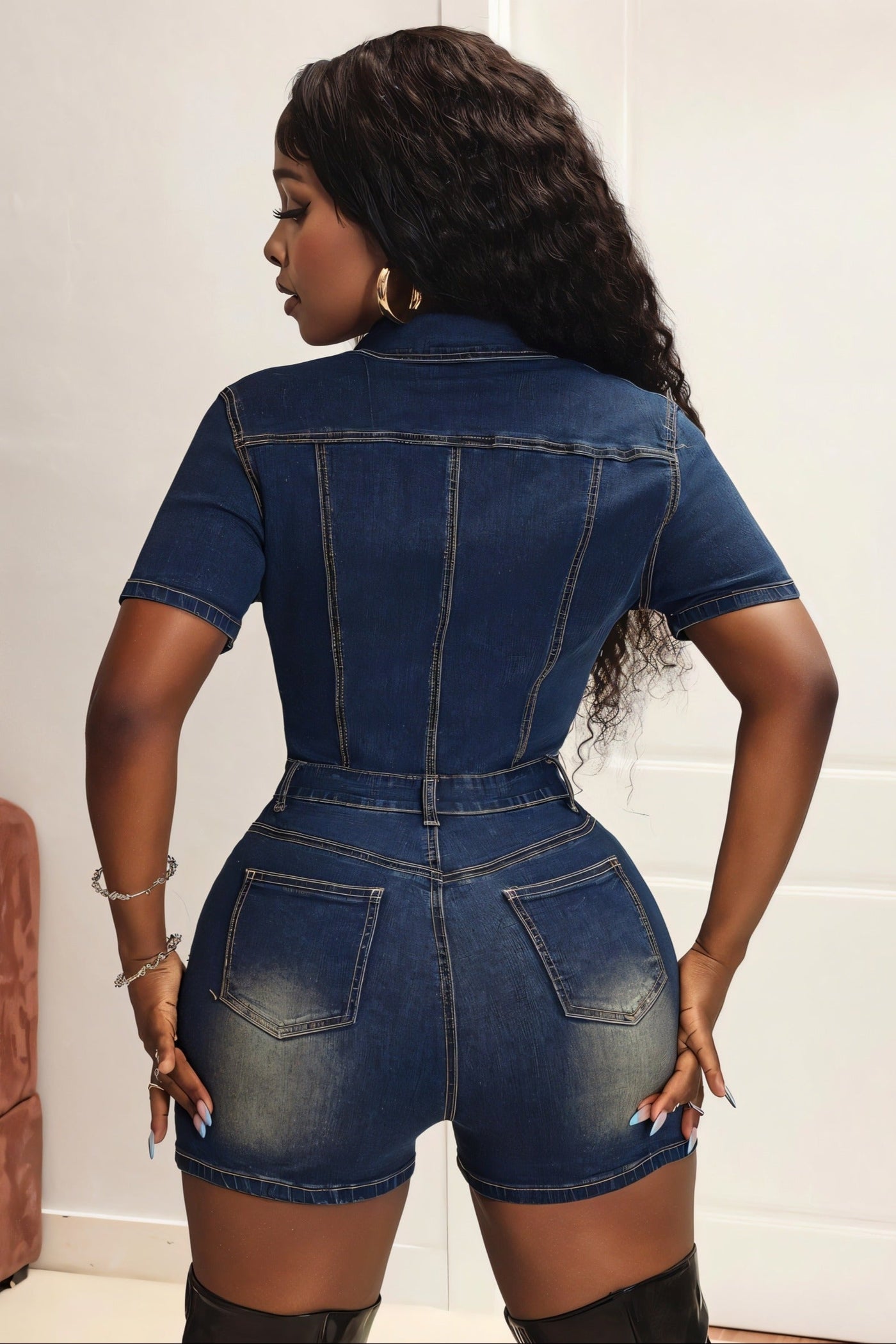 FRANCE Collared Button-Up Denim Jumpsuit