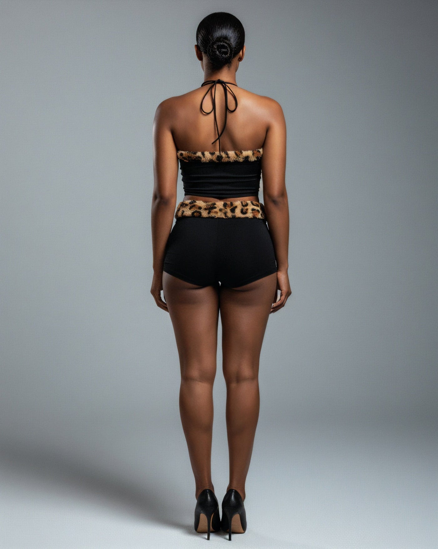 JENNY Leopard Fur Trim Top & Shorts Set