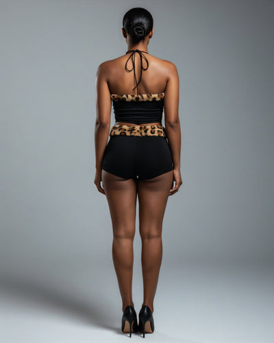 JENNY Leopard Fur Trim Top & Shorts Set