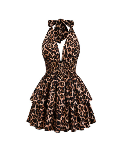 PEACHY Leopard Halter Ruffle Mini Dress