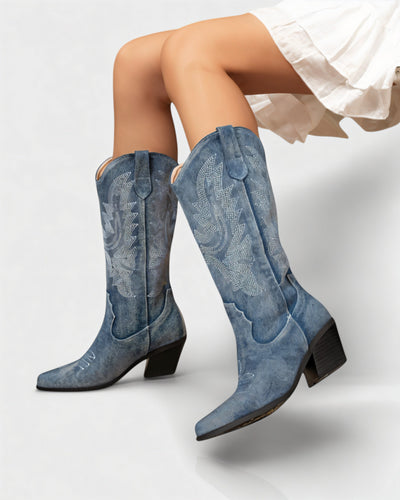 ALIANA Embroidered Denim Cowboy Boots