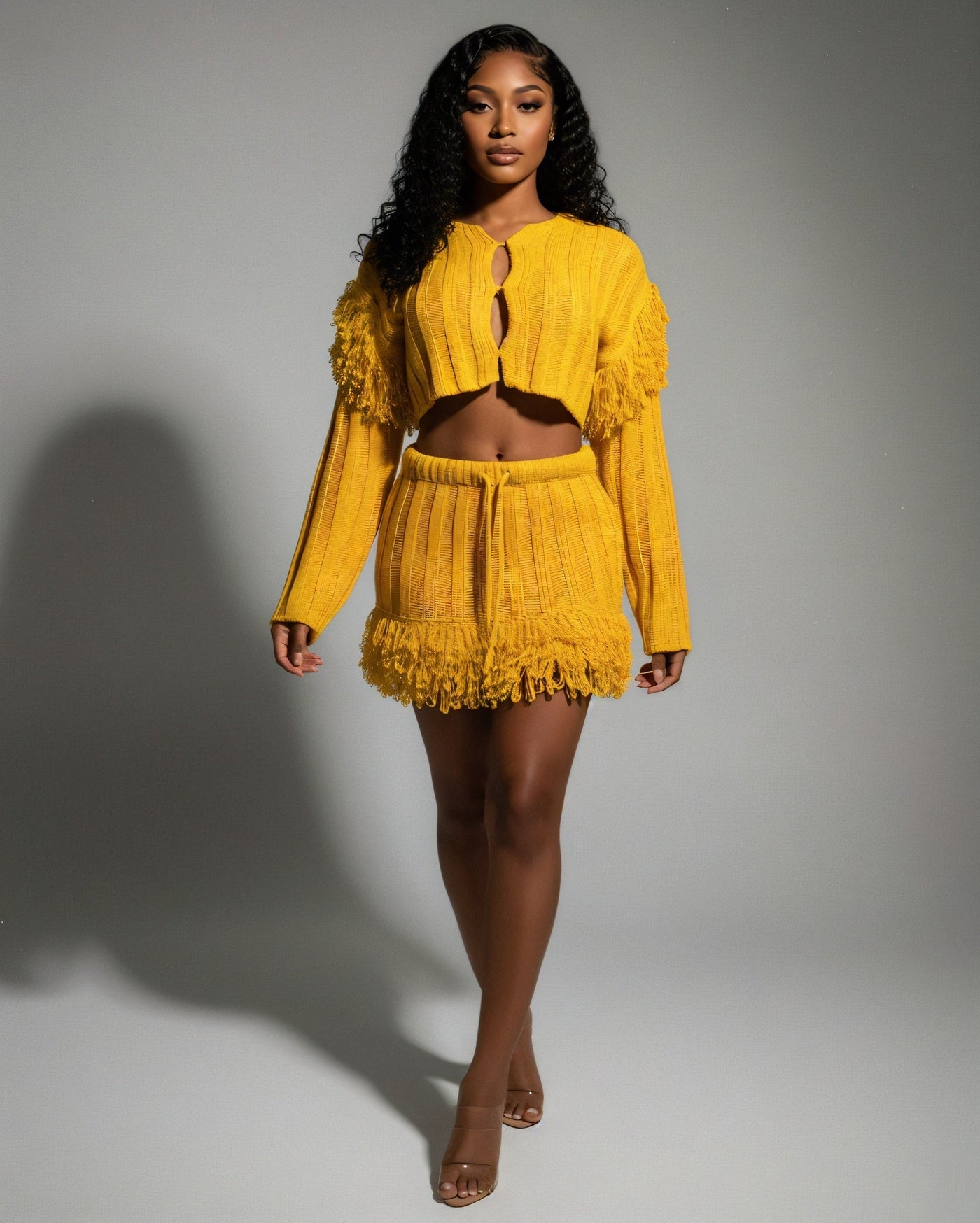 FLORINE Knit Fringe Cardigan & Skirt Set