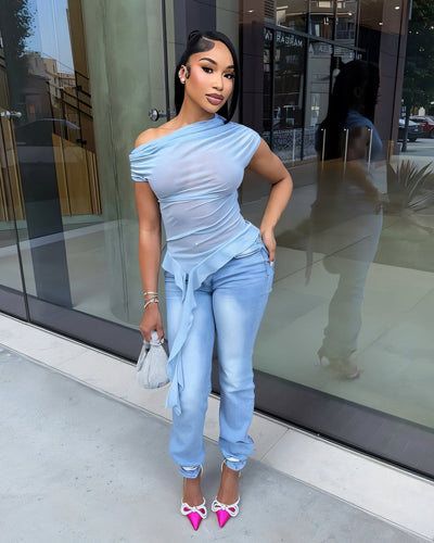 FIORELLA One-Shoulder Asymmetrical Ruffled Mesh Top