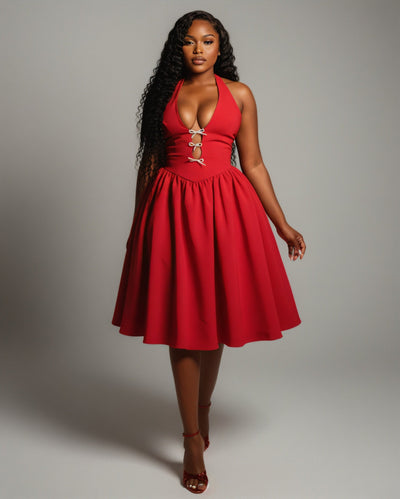 TALORA Embellished Bow Halter Midi Dress