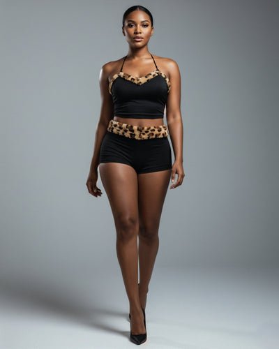 JENNY Leopard Fur Trim Top & Shorts Set