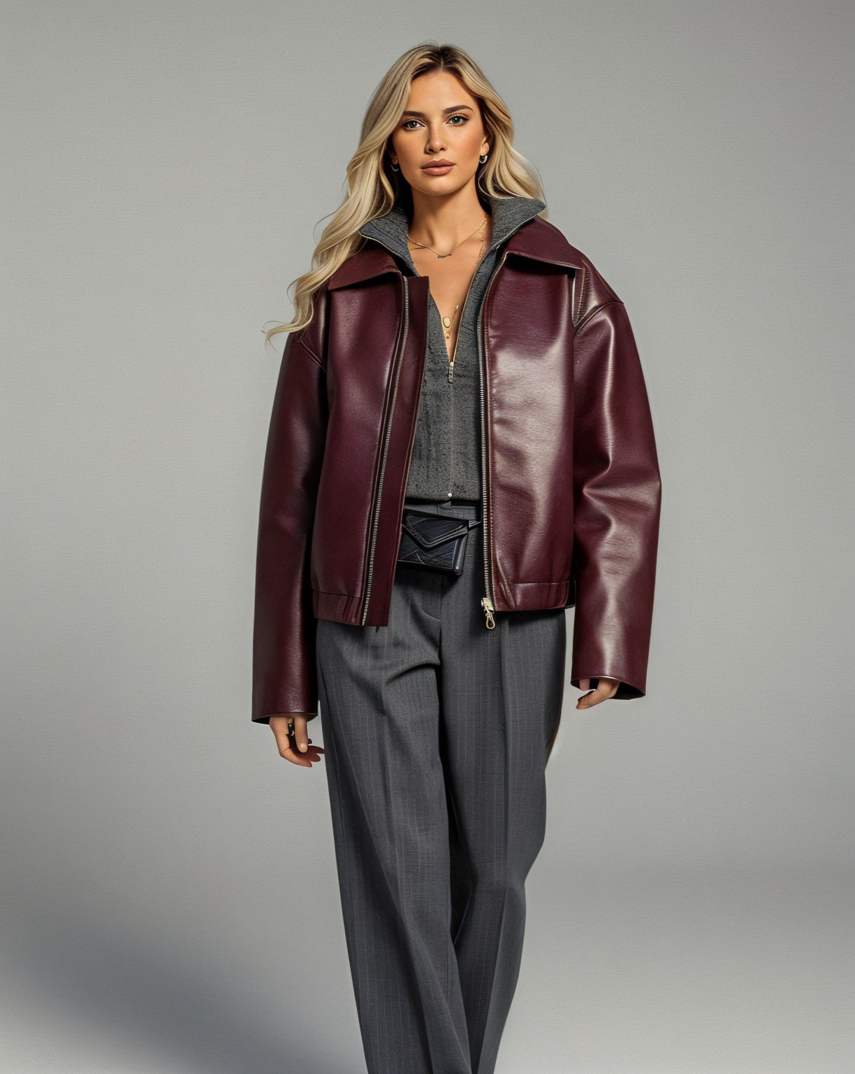 HANELLE Oversized Faux Leather Zip Jacket