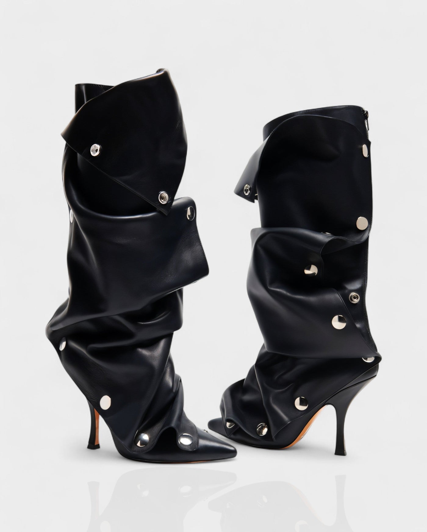 KIVARA Stiletto Heel Fold-Over Rivet Knee-High Boots