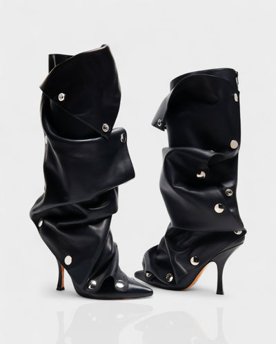 KIVARA Stiletto Heel Fold-Over Rivet Knee-High Boots