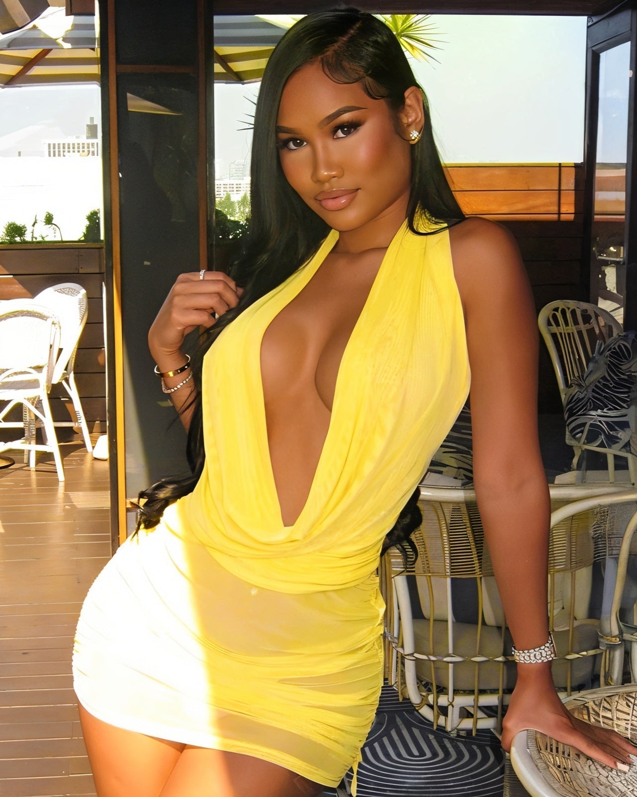 PERTINE Cowl Neck Mesh Mini Dress