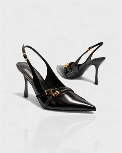 VALEN Patent Buckle Slingback Heels