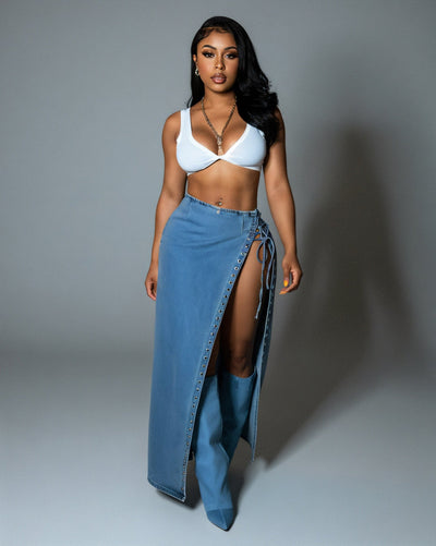 NATALIE Denim Lace-Up Grommet Skirt