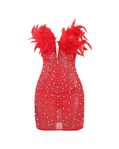 KAYALI Pearl & Rhinestone Embellished Feather Mini Dress