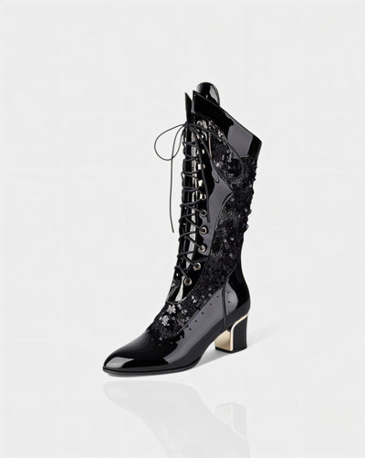 AROLA Lace-Up Embroidered Mid-Calf Boots