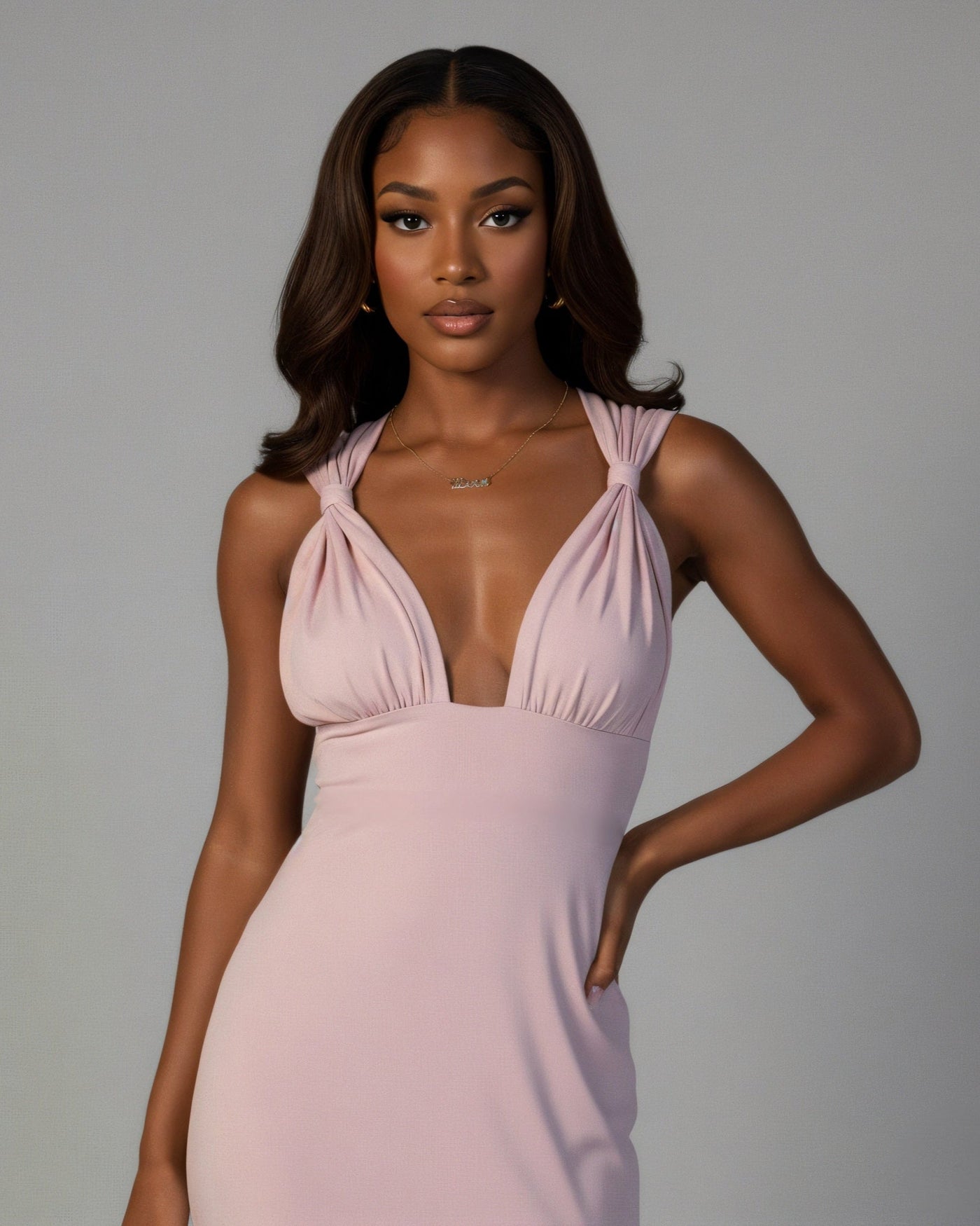 SELYA Plunge Halter Ruched Maxi Dress