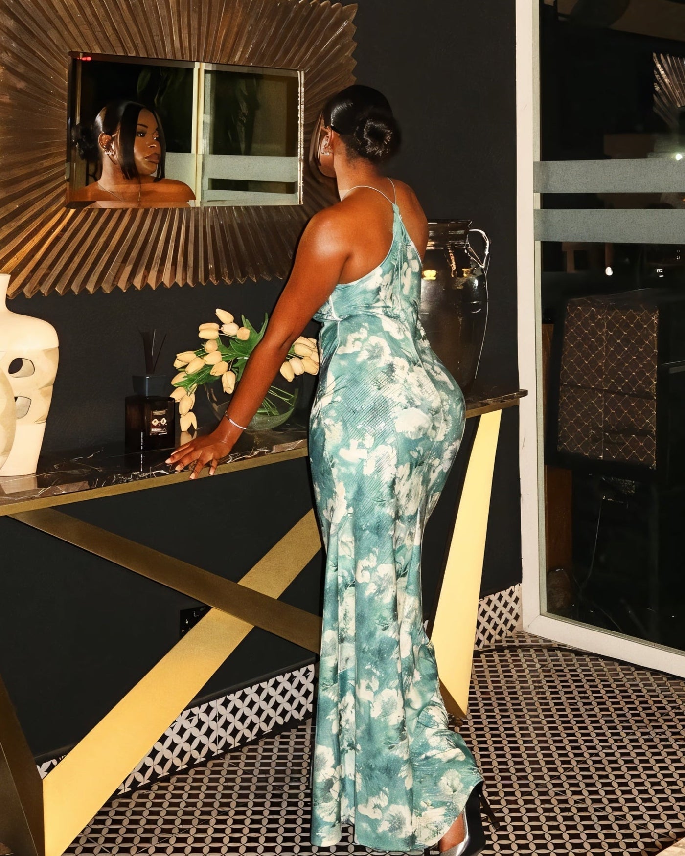 SHANE 3D Floral Applique Halter Maxi Dress