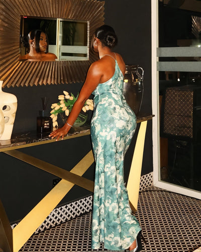 SHANE 3D Floral Applique Halter Maxi Dress