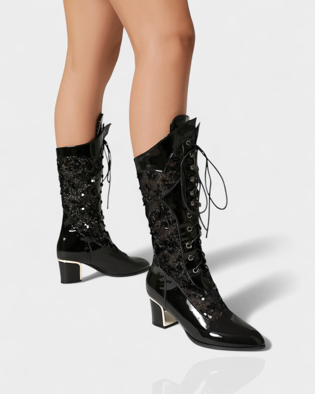 AROLA Lace-Up Embroidered Mid-Calf Boots