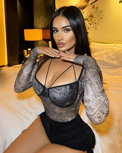 ZHONYA Newspaper Print Mesh Harness Bodysuit