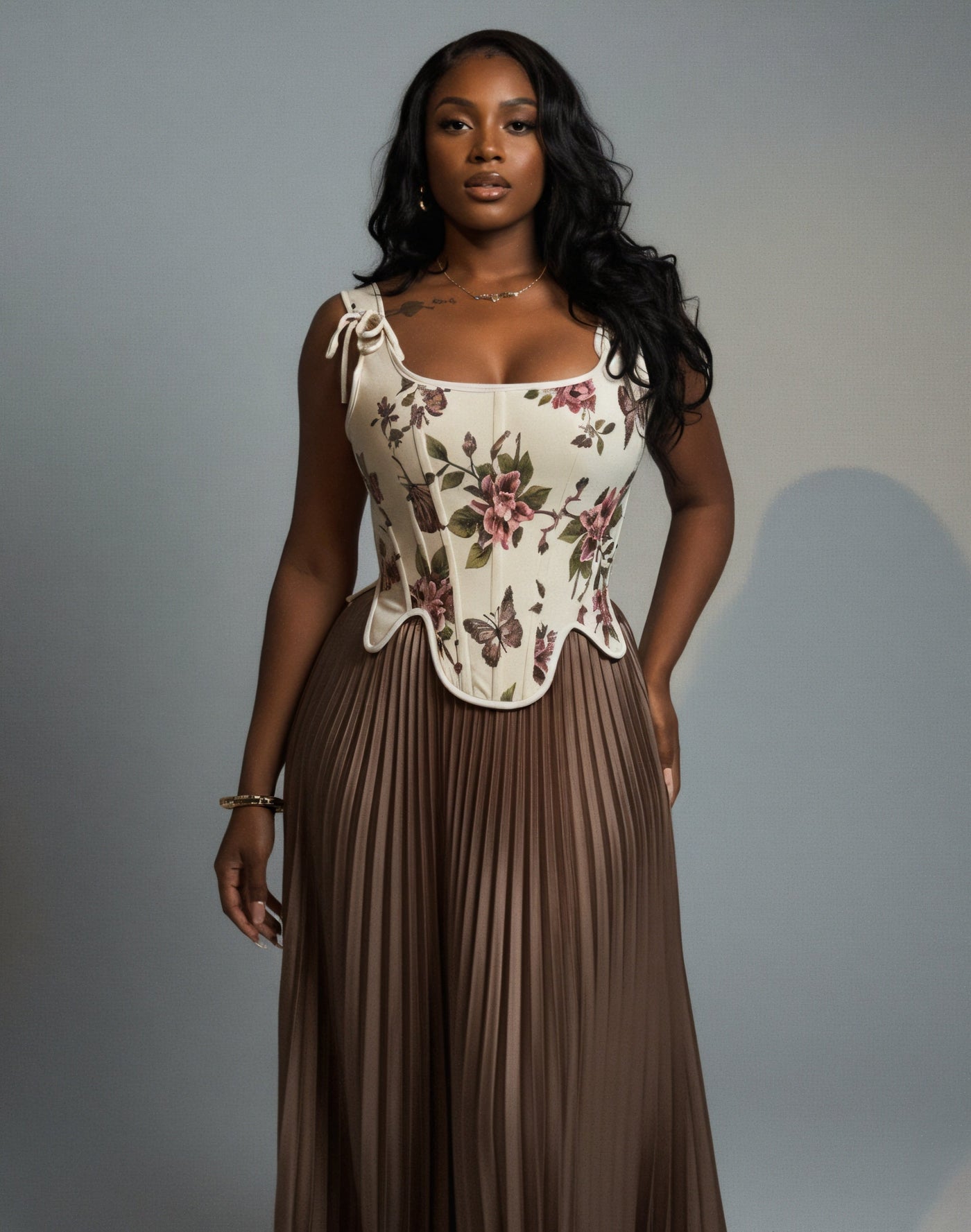 MASINA Floral Print Corset & Pleated Maxi Skirt Set