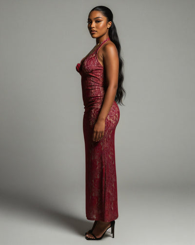 TYRAE Floral Lace Halter Maxi Dress