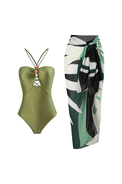 LOTTIE Beaded One-Piece Swimsuit & Tie Maxi Skirt Set
