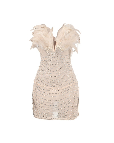 KAYALI Pearl & Rhinestone Embellished Feather Mini Dress
