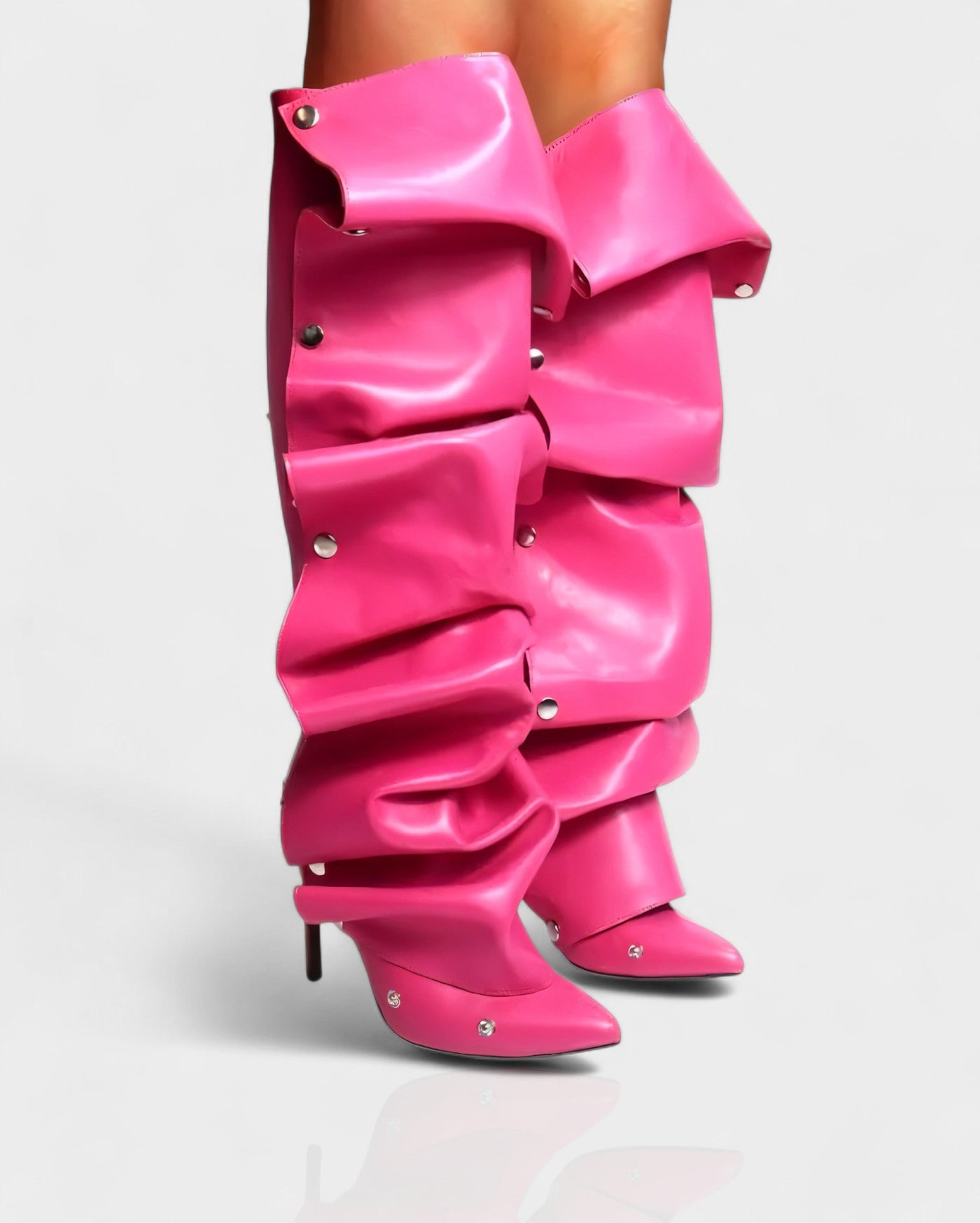 KIVARA Stiletto Heel Fold-Over Rivet Knee-High Boots