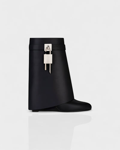 AVELINE Padlock Wedge Faux Leather Ankle Boots
