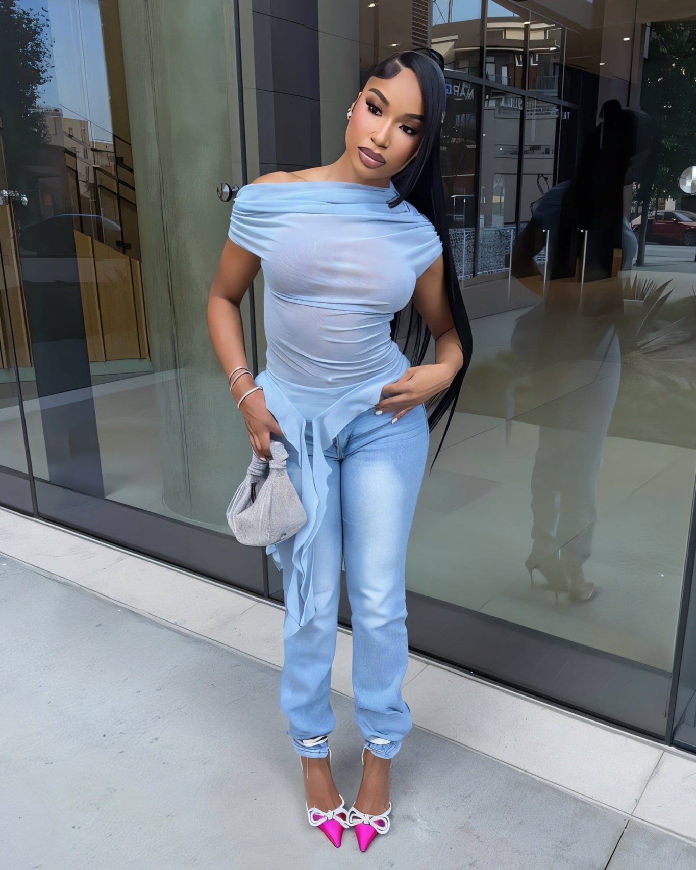 FIORELLA One-Shoulder Asymmetrical Ruffled Mesh Top