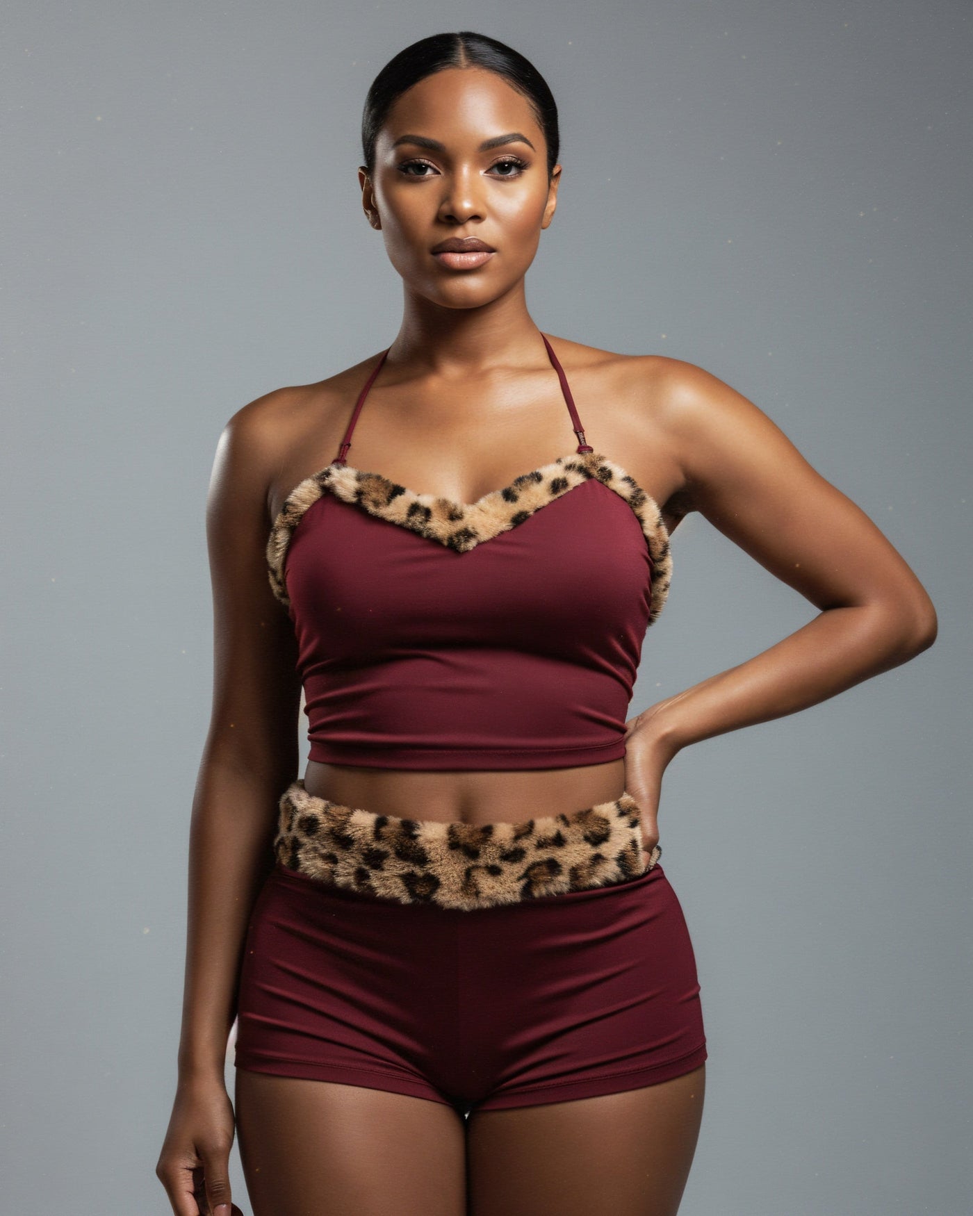 JENNY Leopard Fur Trim Top & Shorts Set