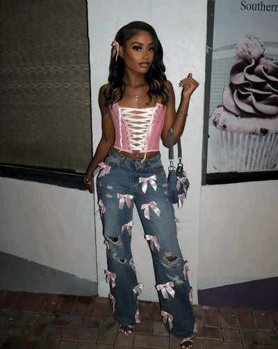 FIONA Ribbon Washed Ripped Denim Jeans