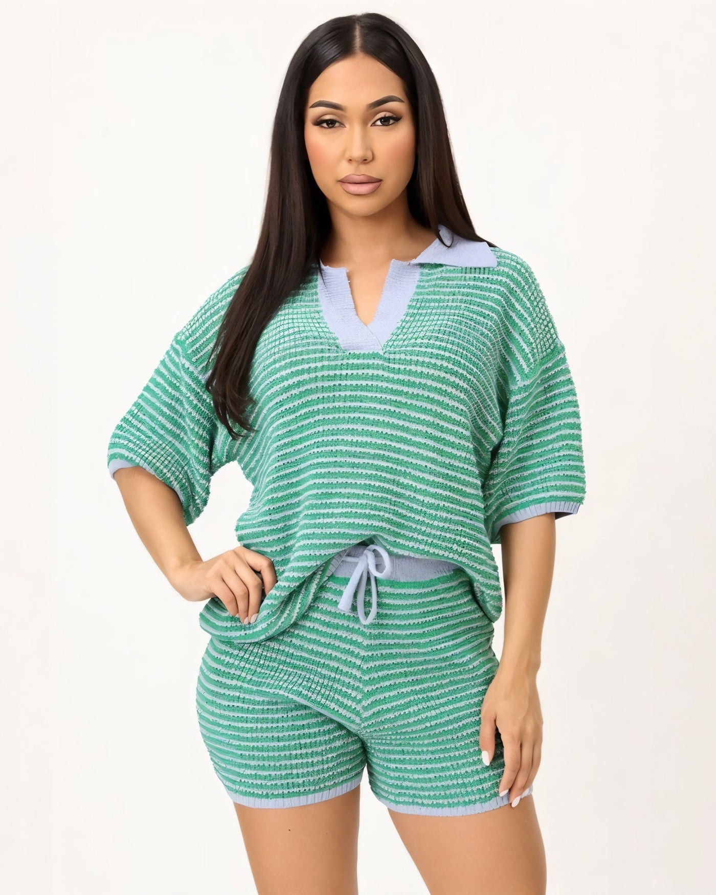 OLENNA Striped Knit Oversized Top &  Drawstring Short Set