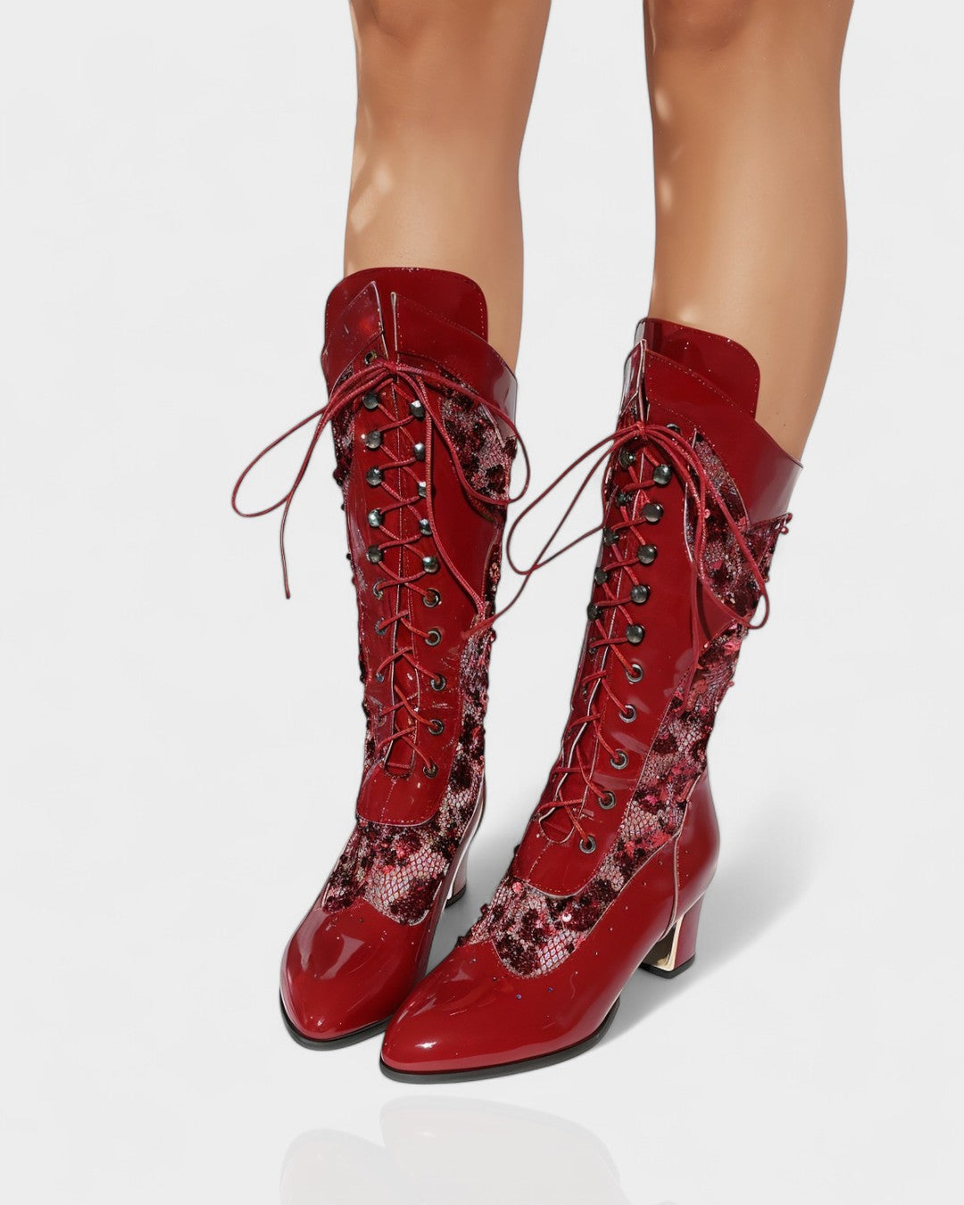 AROLA Lace-Up Embroidered Mid-Calf Boots