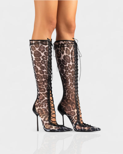 ESCAS Lace-Up Mesh Knee-High Stiletto Boots