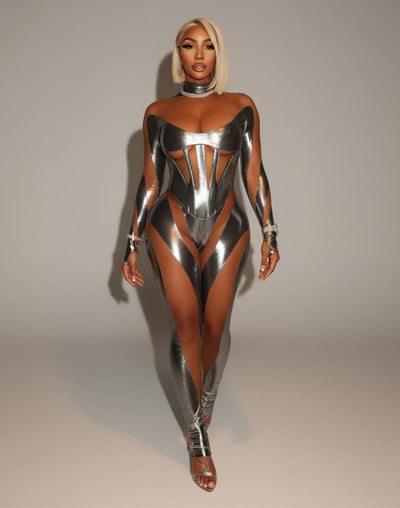 SHAYA Mesh & Metallic Cutout Jumpsuit