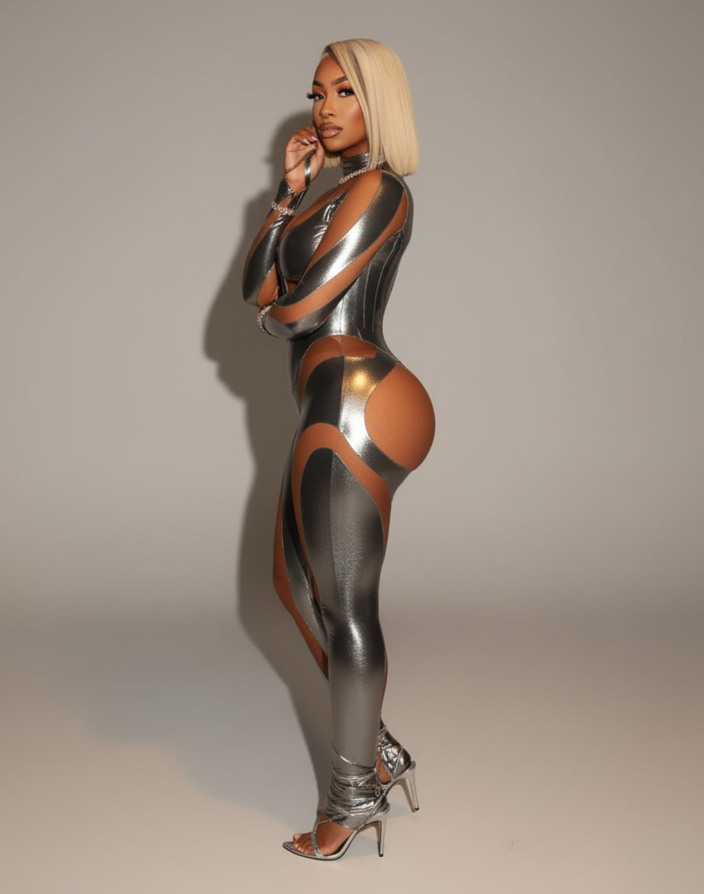 SHAYA Mesh & Metallic Cutout Jumpsuit